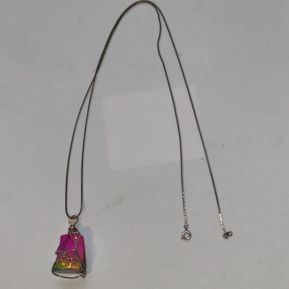 Handmade Iridescent Rainbow Pendant Gold Tone Chain Necklace Boho Jewelry - Picture 3 of 13